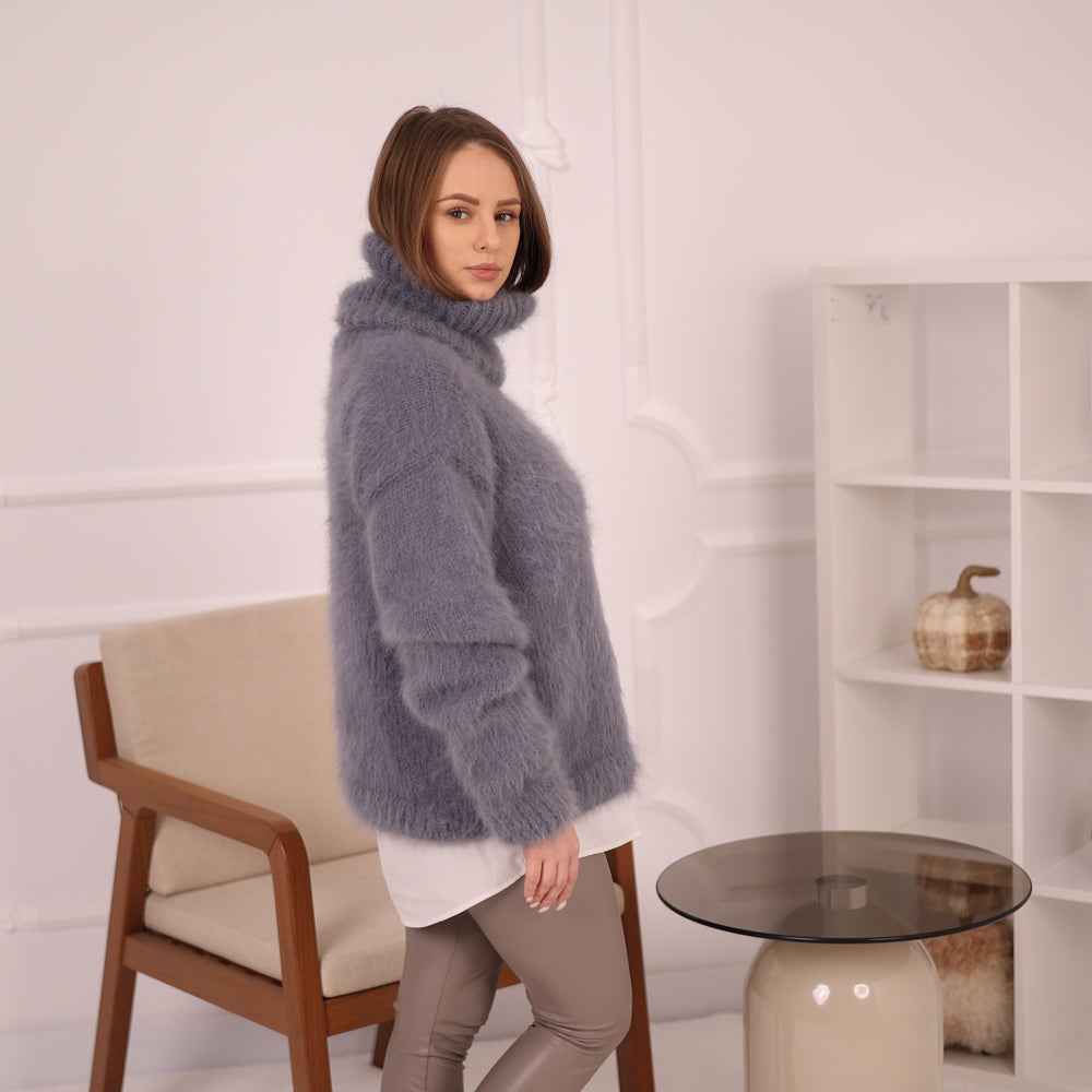 Gray Angora Turtleneck Sweater, Extra Long 50 cm Neck, Soft Rabbit Fur Knit T2147