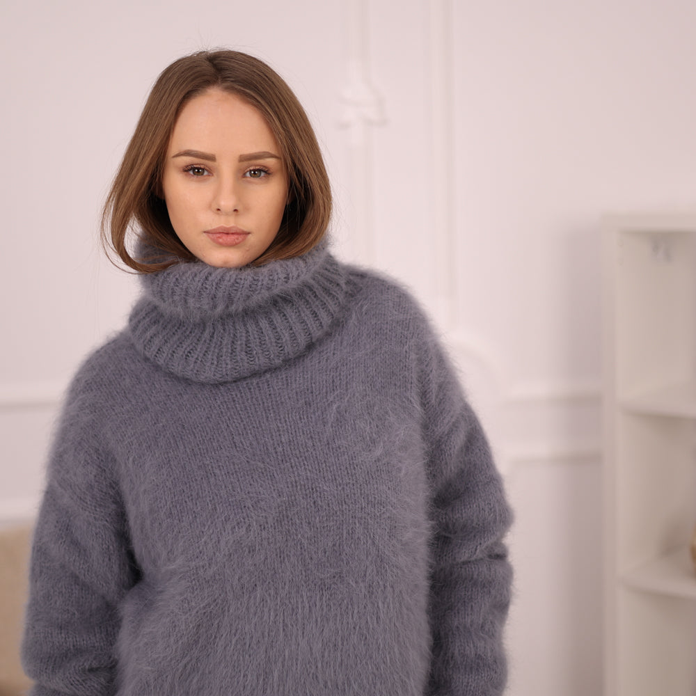 Gray Angora Turtleneck Sweater, Extra Long 50 cm Neck, Soft Rabbit Fur Knit T2147
