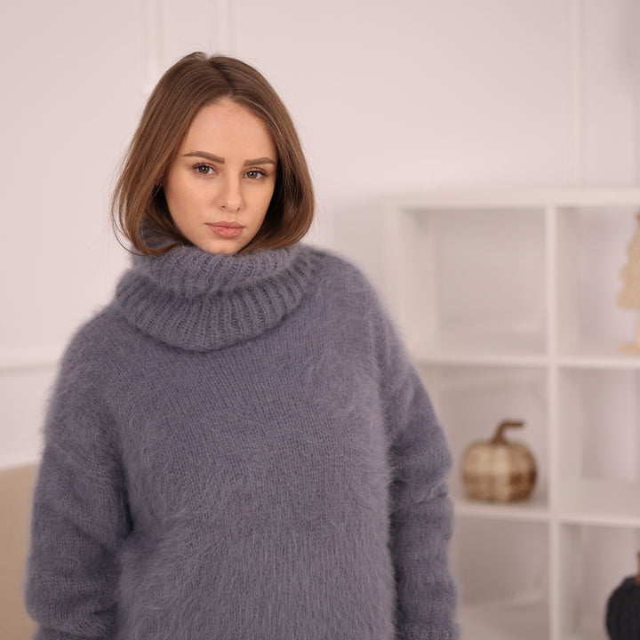 Gray Angora Turtleneck Sweater, Extra Long 50 cm Neck, Soft Rabbit Fur Knit T2147