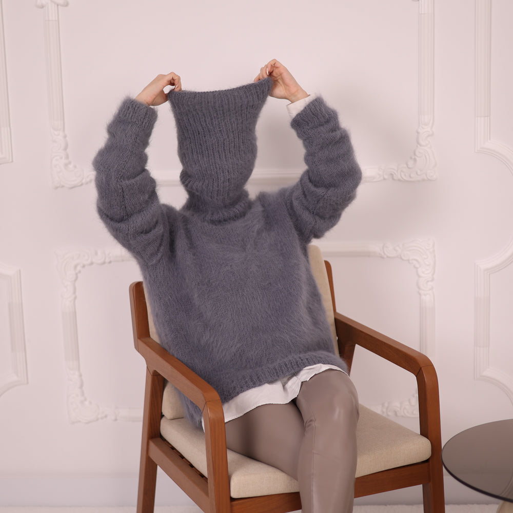 Gray Angora Turtleneck Sweater, Extra Long 50 cm Neck, Soft Rabbit Fur Knit T2147