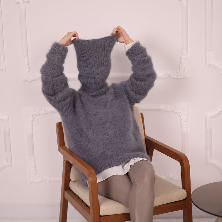 Gray Angora Turtleneck Sweater, Extra Long 50 cm Neck, Soft Rabbit Fur Knit T2147
