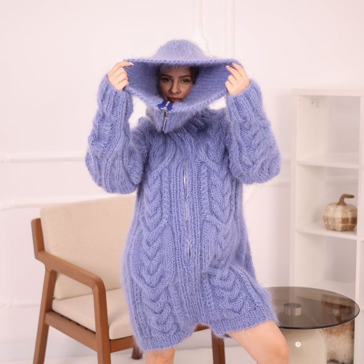 Cable Knit Mohair Catsuit with huge Tneck of 55 cm , Short Leg Design, Oversized Statement Knitwear T2154