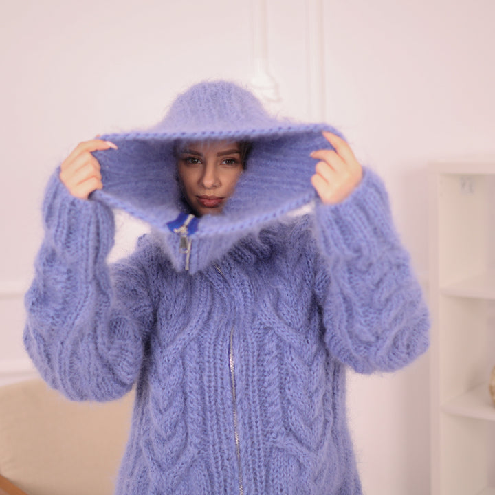 Cable Knit Mohair Catsuit with huge Tneck of 55 cm , Short Leg Design, Oversized Statement Knitwear T2154