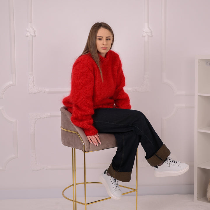 Chunky Mohair Sweater, 3 Strand Knit, Crewneck Pullover, Red Plain Knit T2161