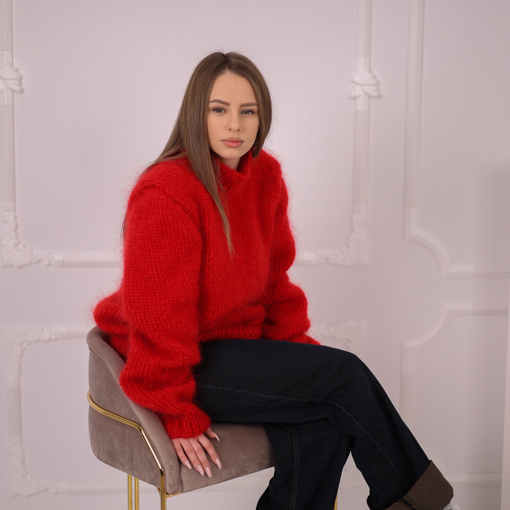 Chunky Mohair Sweater, 3 Strand Knit, Crewneck Pullover, Red Plain Knit T2161