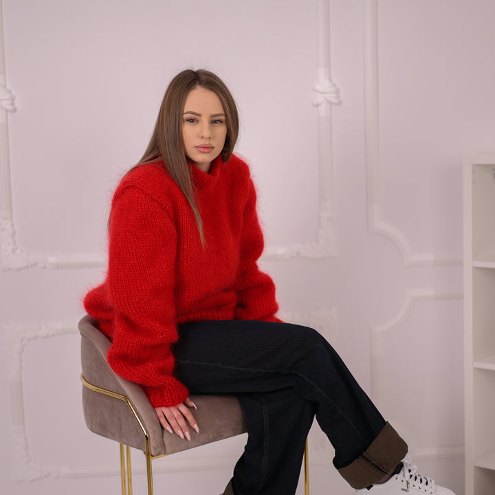Chunky Mohair Sweater, 3 Strand Knit, Crewneck Pullover, Red Plain Knit T2161