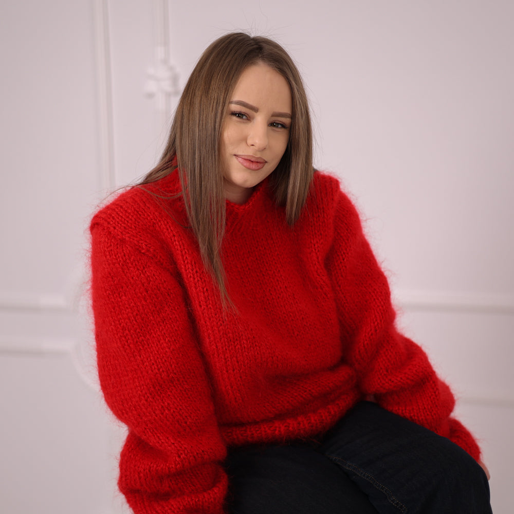 Chunky Mohair Sweater, 3 Strand Knit, Crewneck Pullover, Red Plain Knit T2161