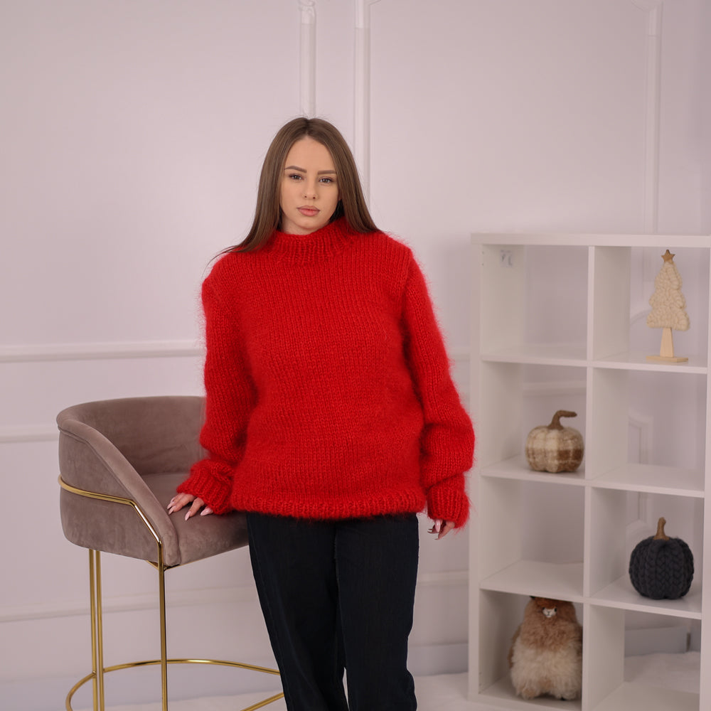 Chunky Mohair Sweater, 3 Strand Knit, Crewneck Pullover, Red Plain Knit T2161