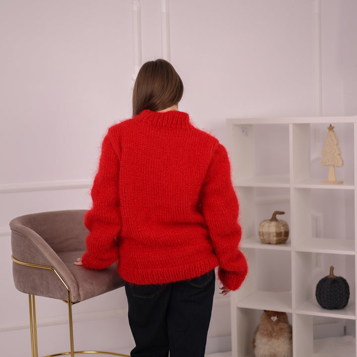 Chunky Mohair Sweater, 3 Strand Knit, Crewneck Pullover, Red Plain Knit T2161