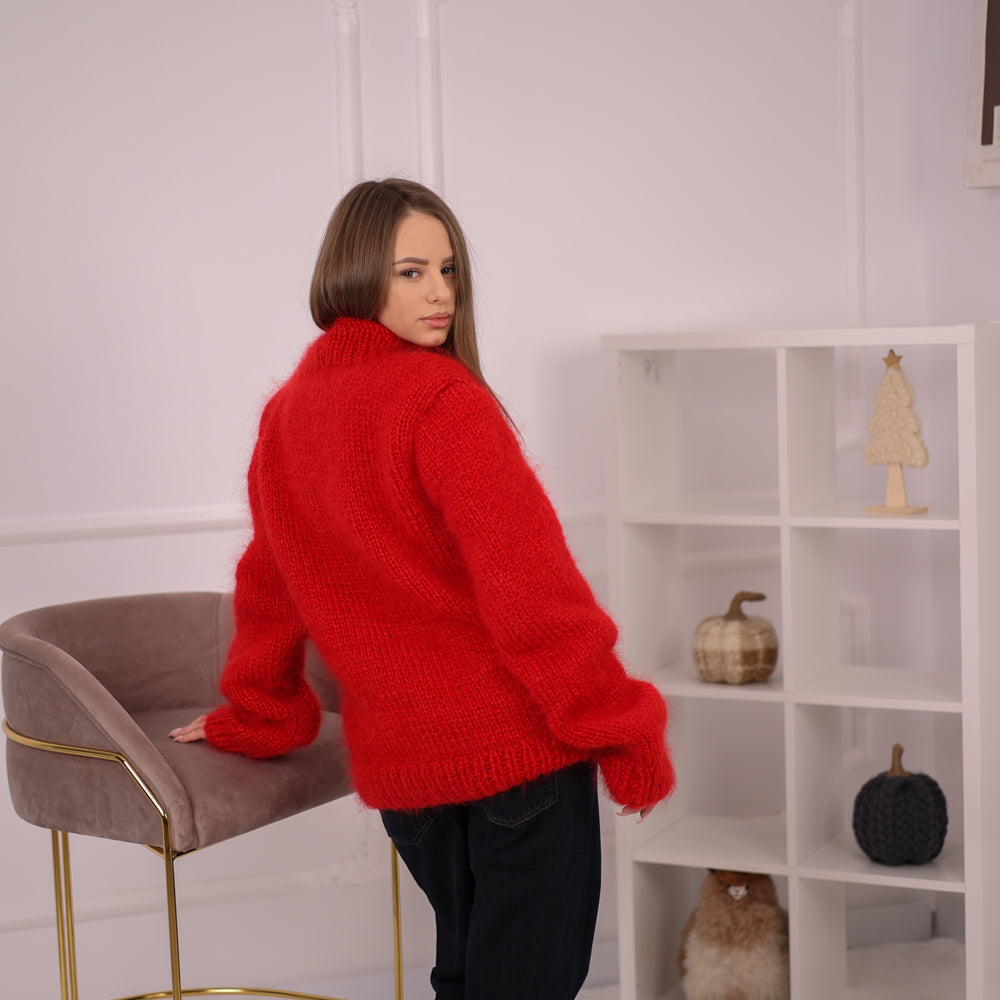 Chunky Mohair Sweater, 3 Strand Knit, Crewneck Pullover, Red Plain Knit T2161