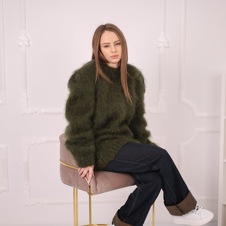 Brushed Mohair Sweater, Chunky Oversized Crewneck Pullover, Deep Green Knit T2164 (Copy)