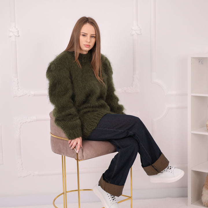 Brushed Mohair Sweater, Chunky Oversized Crewneck Pullover, Deep Green Knit T2164 (Copy)