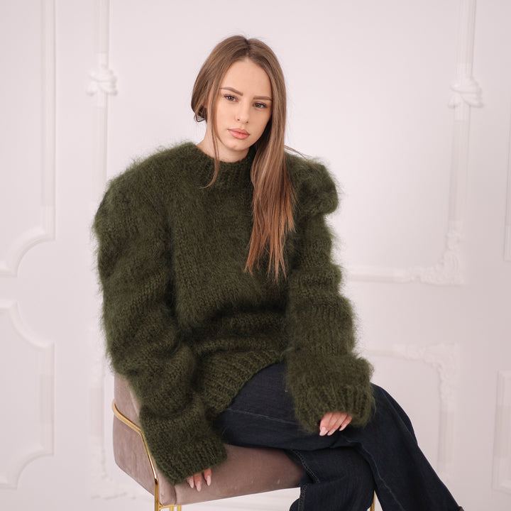 Brushed Mohair Sweater, Chunky Oversized Crewneck Pullover, Deep Green Knit T2164 (Copy)