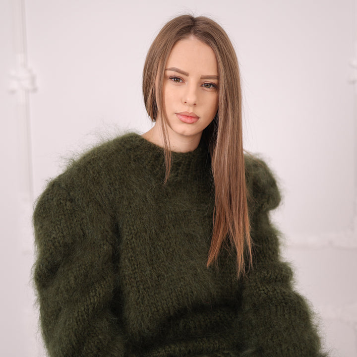 Brushed Mohair Sweater, Chunky Oversized Crewneck Pullover, Deep Green Knit T2164 (Copy)