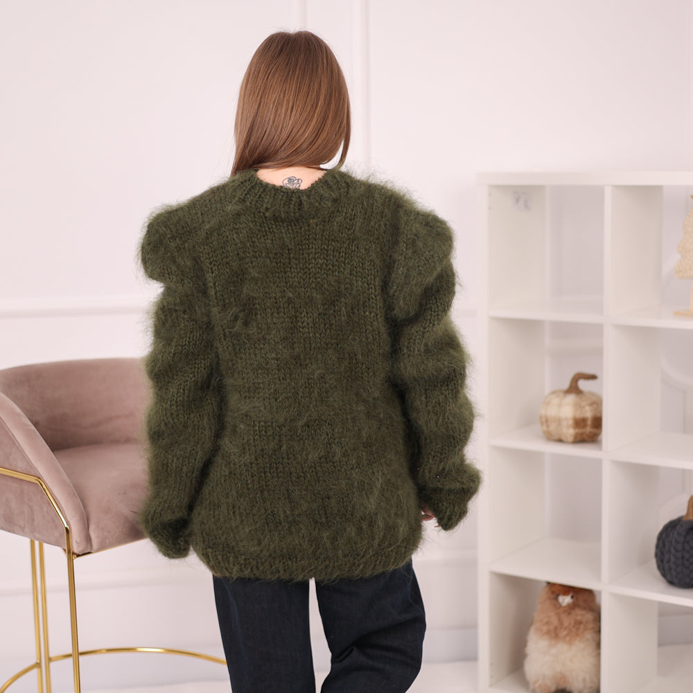Brushed Mohair Sweater, Chunky Oversized Crewneck Pullover, Deep Green Knit T2164 (Copy)