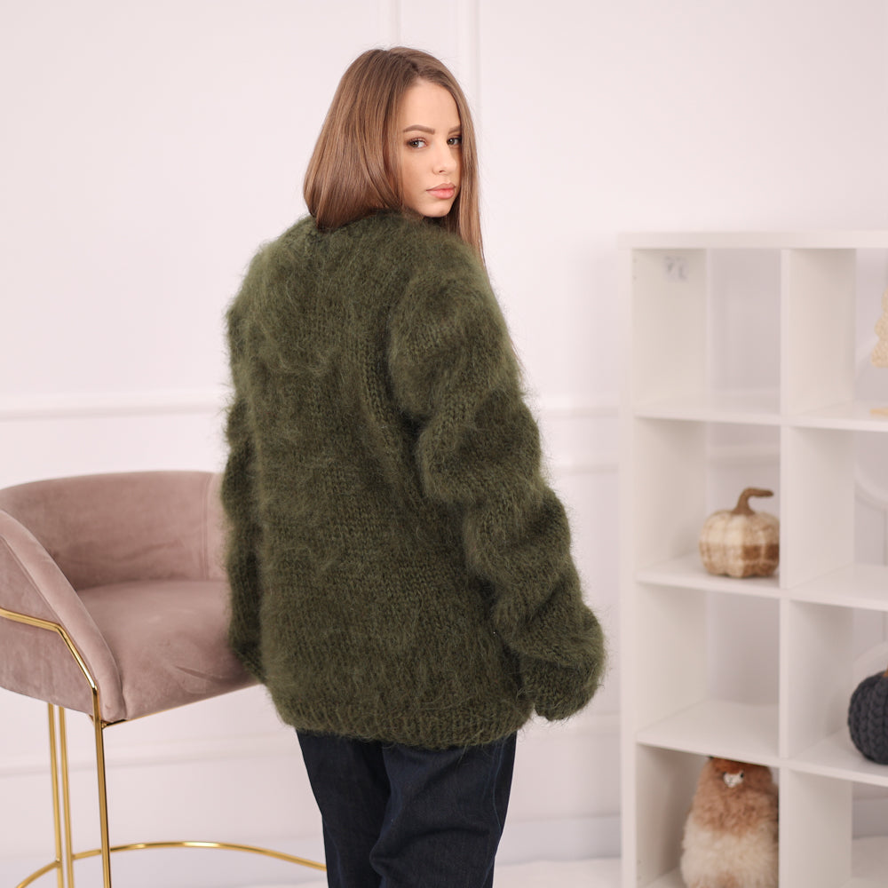 Brushed Mohair Sweater, Chunky Oversized Crewneck Pullover, Deep Green Knit T2164 (Copy)