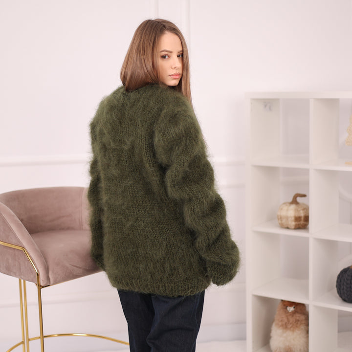Brushed Mohair Sweater, Chunky Oversized Crewneck Pullover, Deep Green Knit T2164 (Copy)