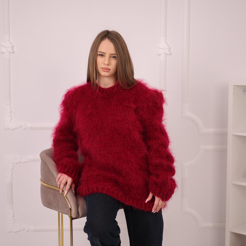 Brushed Mohair Sweater, Chunky Crewneck Pullover, Bordeaux Oversized Knit T2162
