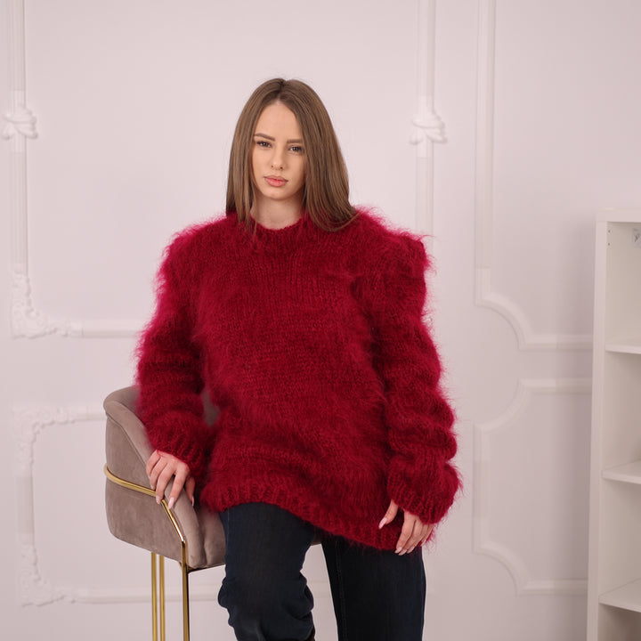 Brushed Mohair Sweater, Chunky Crewneck Pullover, Bordeaux Oversized Knit T2162
