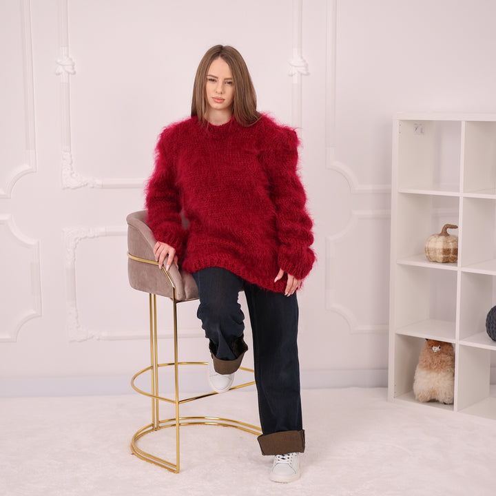 Brushed Mohair Sweater, Chunky Crewneck Pullover, Bordeaux Oversized Knit T2162