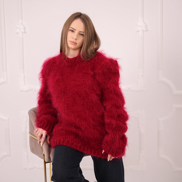 Brushed Mohair Sweater, Chunky Crewneck Pullover, Bordeaux Oversized Knit T2162