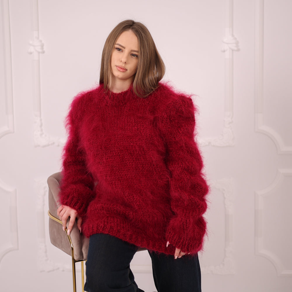 Brushed Mohair Sweater, Chunky Crewneck Pullover, Bordeaux Oversized Knit T2162