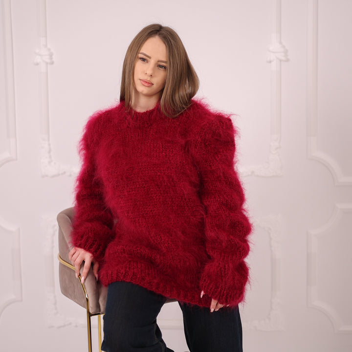 Brushed Mohair Sweater, Chunky Crewneck Pullover, Bordeaux Oversized Knit T2162