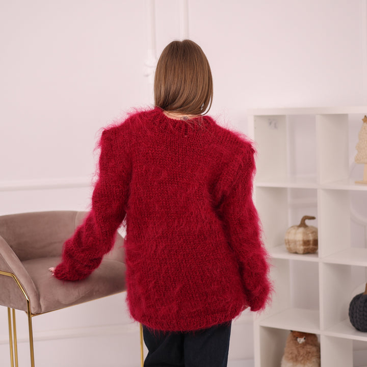 Brushed Mohair Sweater, Chunky Crewneck Pullover, Bordeaux Oversized Knit T2162