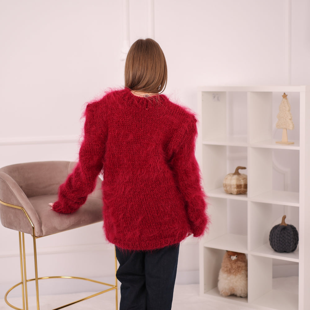Brushed Mohair Sweater, Chunky Crewneck Pullover, Bordeaux Oversized Knit T2162