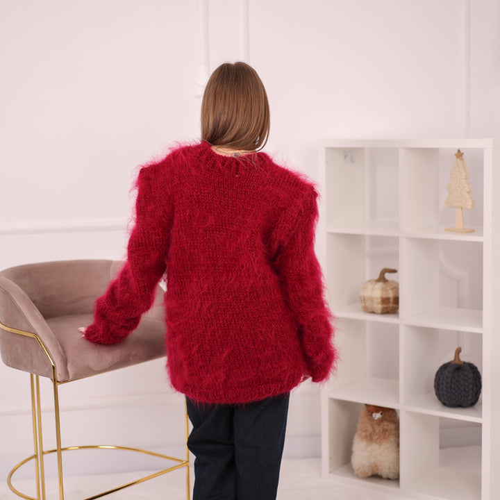 Brushed Mohair Sweater, Chunky Crewneck Pullover, Bordeaux Oversized Knit T2162