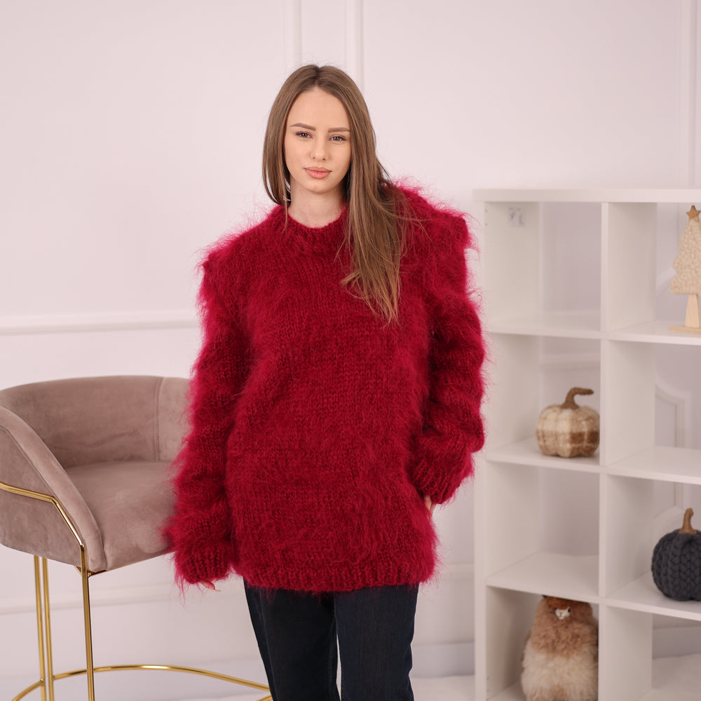 Brushed Mohair Sweater, Chunky Crewneck Pullover, Bordeaux Oversized Knit T2162
