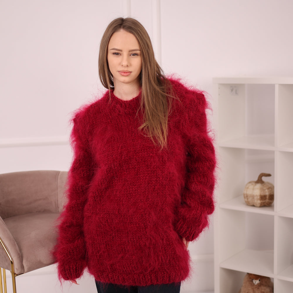 Brushed Mohair Sweater, Chunky Crewneck Pullover, Bordeaux Oversized Knit T2162