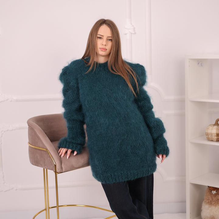 Brushed Mohair Sweater, Chunky Oversized Crewneck Pullover, Deep Green Knit T2164