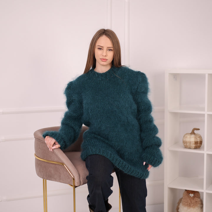 Brushed Mohair Sweater, Chunky Oversized Crewneck Pullover, Deep Green Knit T2164