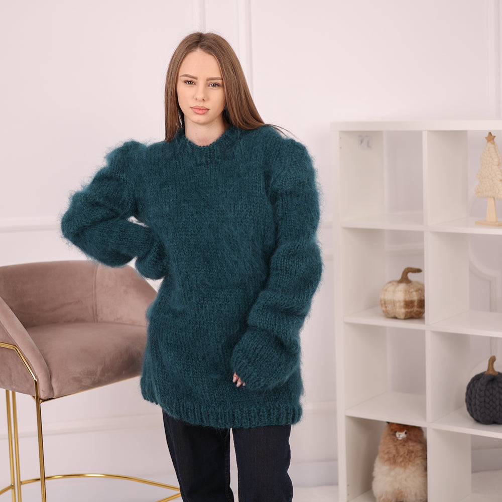 Brushed Mohair Sweater, Chunky Oversized Crewneck Pullover, Deep Green Knit T2164