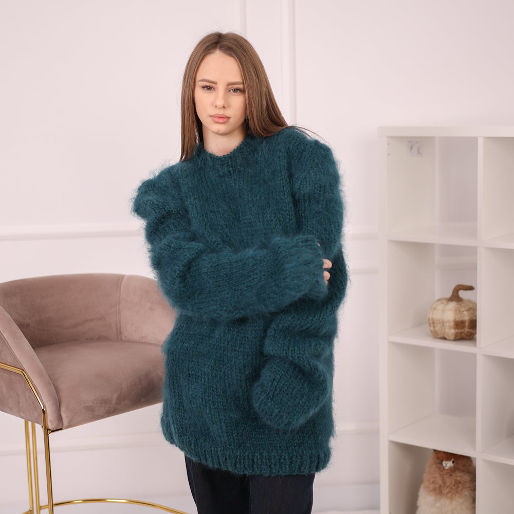 Brushed Mohair Sweater, Chunky Oversized Crewneck Pullover, Deep Green Knit T2164
