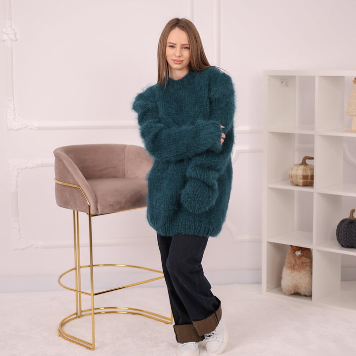 Brushed Mohair Sweater, Chunky Oversized Crewneck Pullover, Deep Green Knit T2164