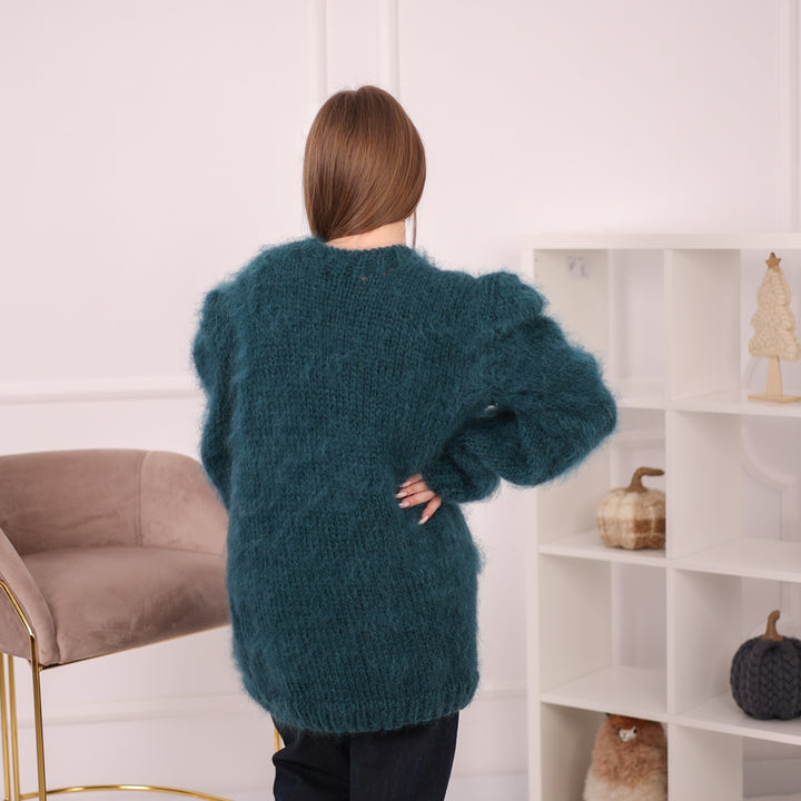 Brushed Mohair Sweater, Chunky Oversized Crewneck Pullover, Deep Green Knit T2164