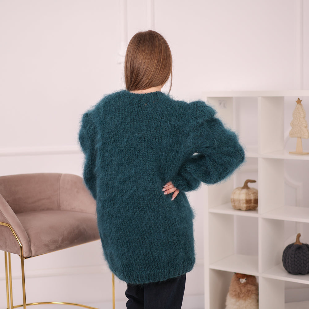 Brushed Mohair Sweater, Chunky Oversized Crewneck Pullover, Deep Green Knit T2164