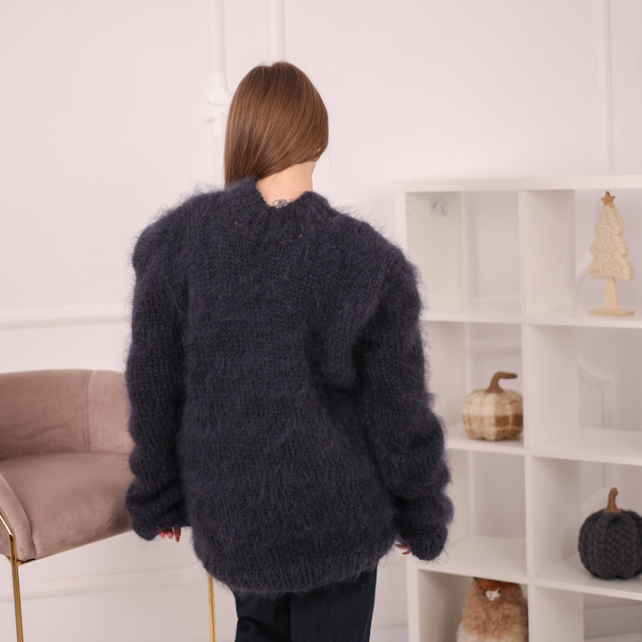 Chunky Brushed Mohair Sweater, Oversized Crewneck Pullover, Dark Gray Knit T2163