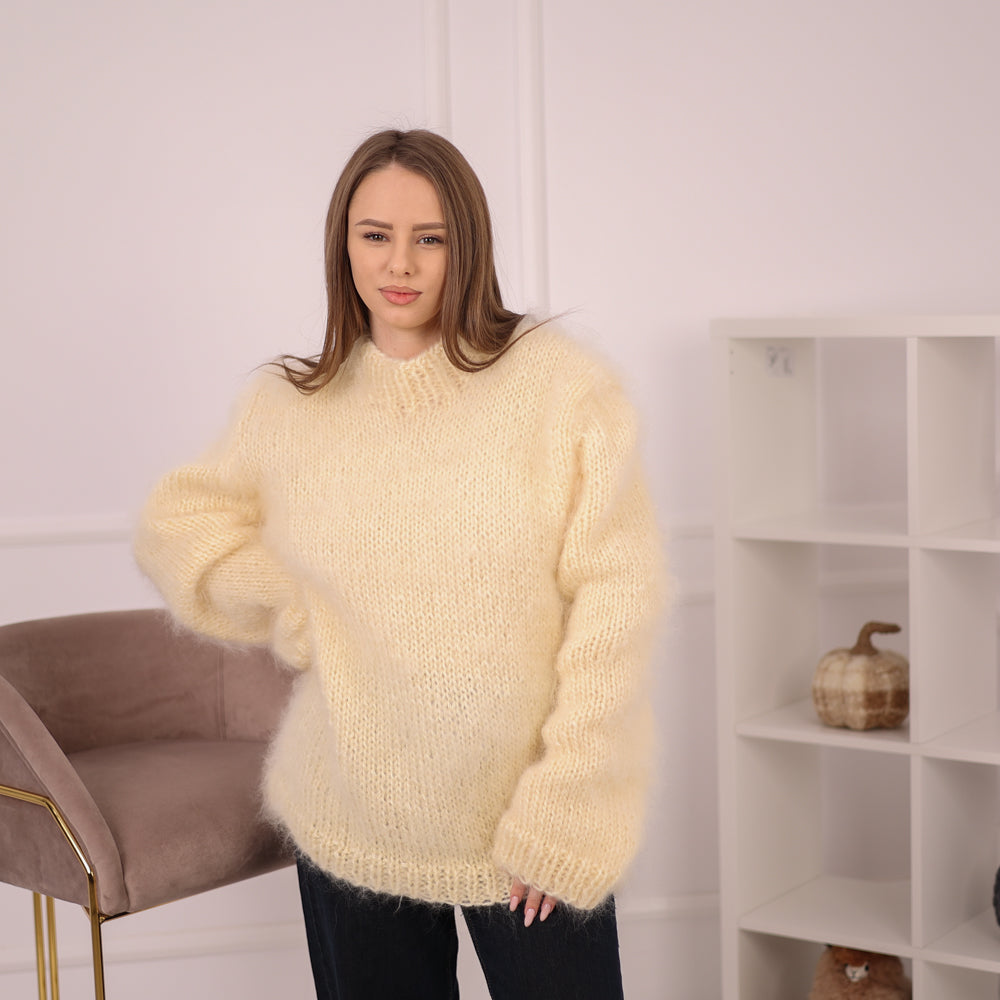 Oversized Mohair Sweater, Brushed Chunky Knit Pullover, Cream Crewneck Top T2166
