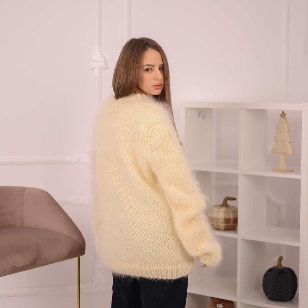 Oversized Mohair Sweater, Brushed Chunky Knit Pullover, Cream Crewneck Top T2166