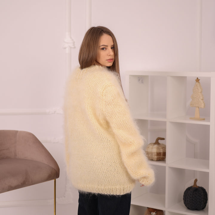 Oversized Mohair Sweater, Brushed Chunky Knit Pullover, Cream Crewneck Top T2166