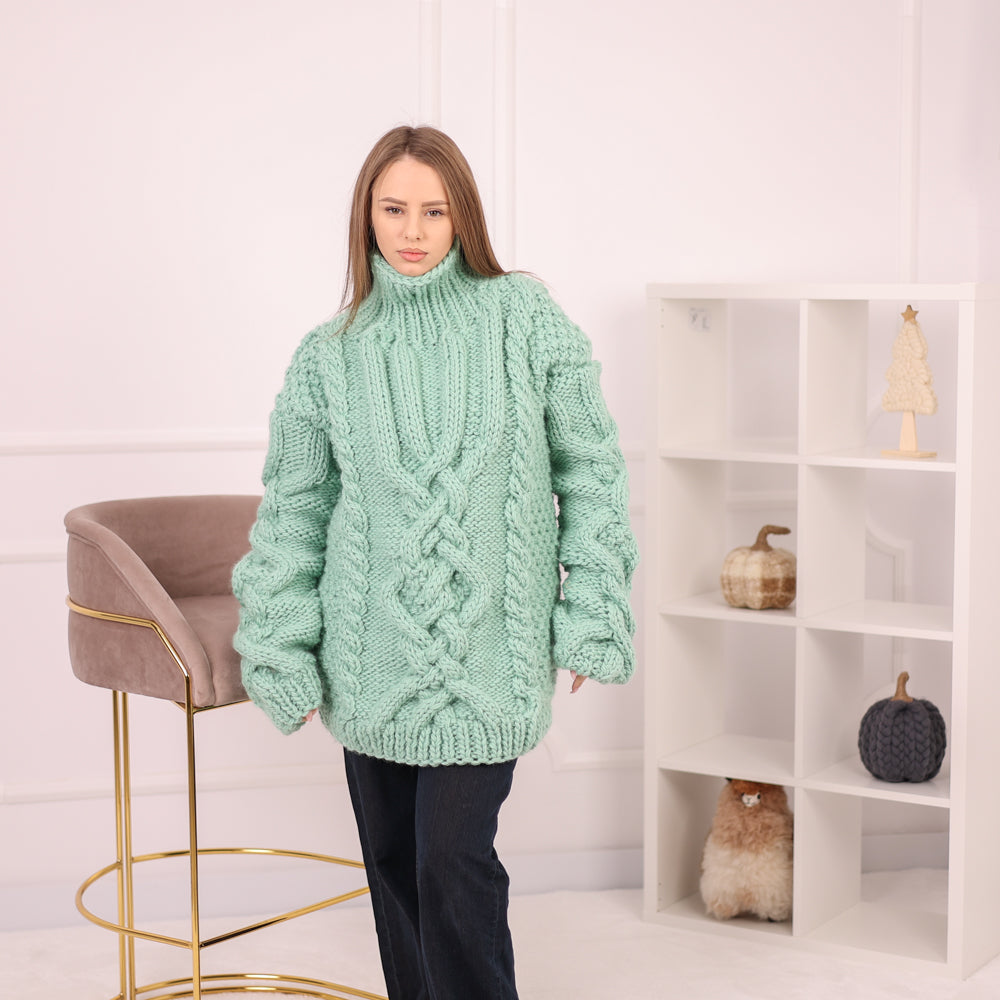 Tiffy Mohair Mint Wool Cable Knit Sweater T2159