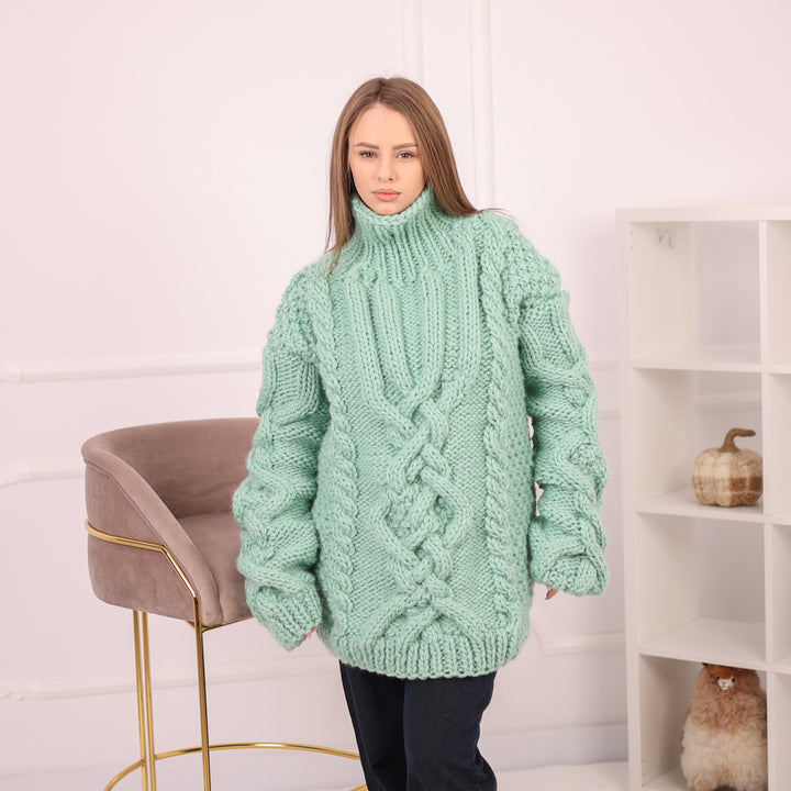 Mint Wool Cable Knit Sweater, Hand Knitted Chunky Jumper, Soft 100% Wool Pullover T2159