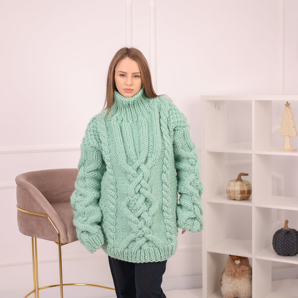 Mint Wool Cable Knit Sweater, Hand Knitted Chunky Jumper, Soft 100% Wool Pullover T2159