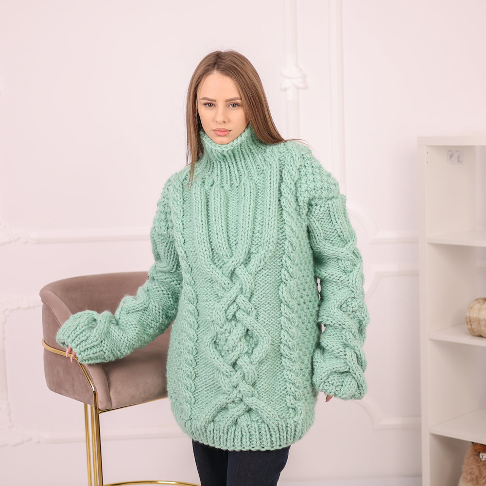 Mint Wool Cable Knit Sweater, Hand Knitted Chunky Jumper, Soft 100% Wool Pullover T2159