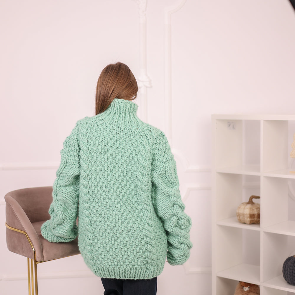 Chunky Wool Cable Knit Sweater, Oversized Hand Knit Turtleneck, Mint Green T2160