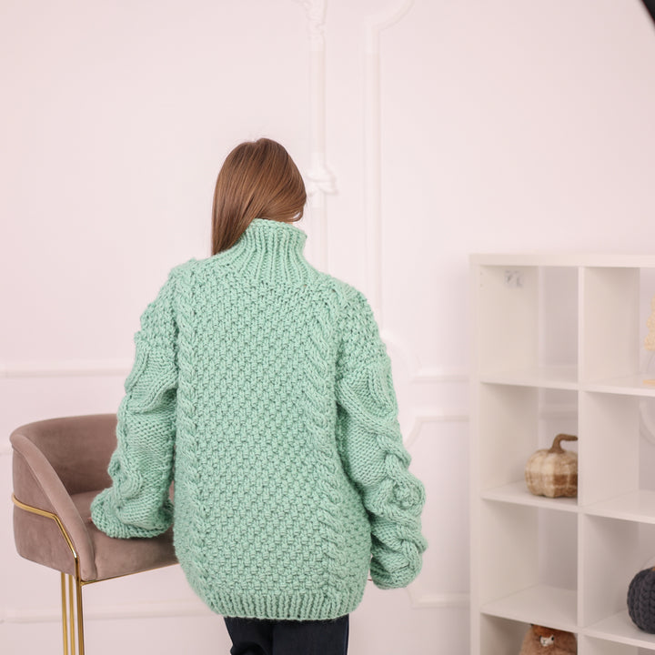 Mint Wool Cable Knit Sweater, Hand Knitted Chunky Jumper, Soft 100% Wool Pullover T2159