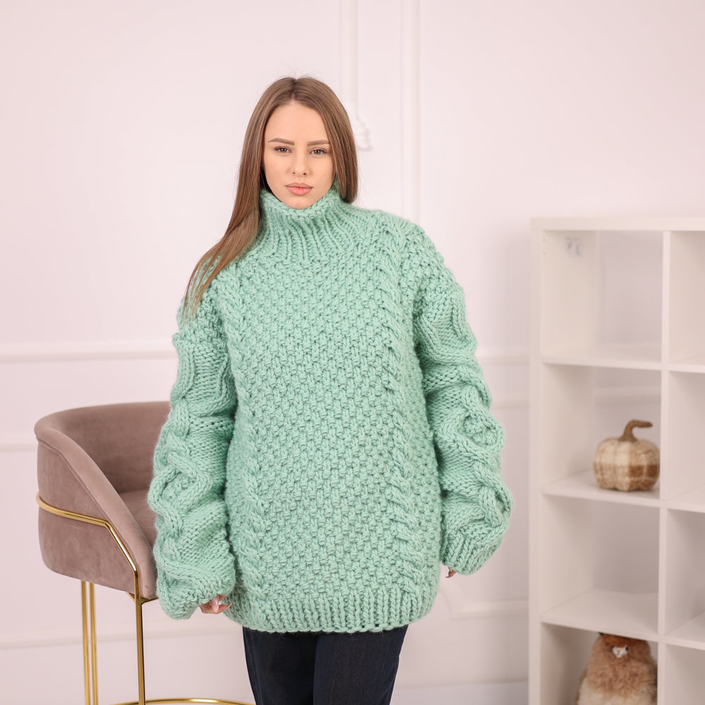 Chunky Wool Cable Knit Sweater, Oversized Hand Knit Turtleneck, Mint Green T2160